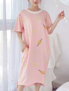 Orange & Letter Print Night Dress