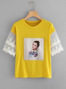 Figure Print Lace Panel Tee