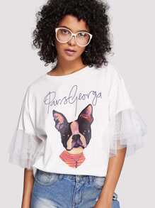 Dog Print Mesh Panel Tee