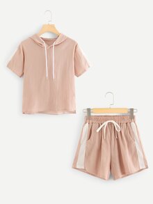 Drawstring Hooded Top With Shorts