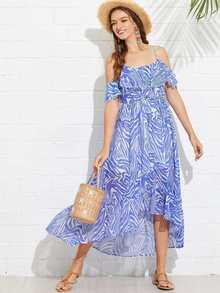 Shirred Waist Asymmetric Ruffle Hem Dress
