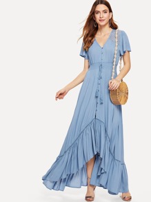 Abstract Print Flounce Cold Shoulder Dress