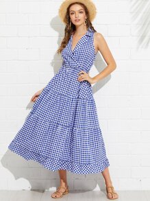 Collared Wrap Front Gingham Tiered Dress