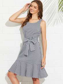 Self Tie Flounce Hem Gingham Dress