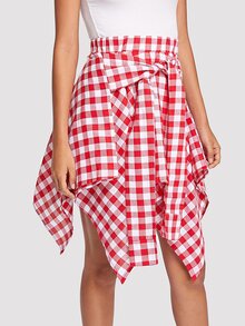 Knot Front Gingham Hanky Hem Skirt