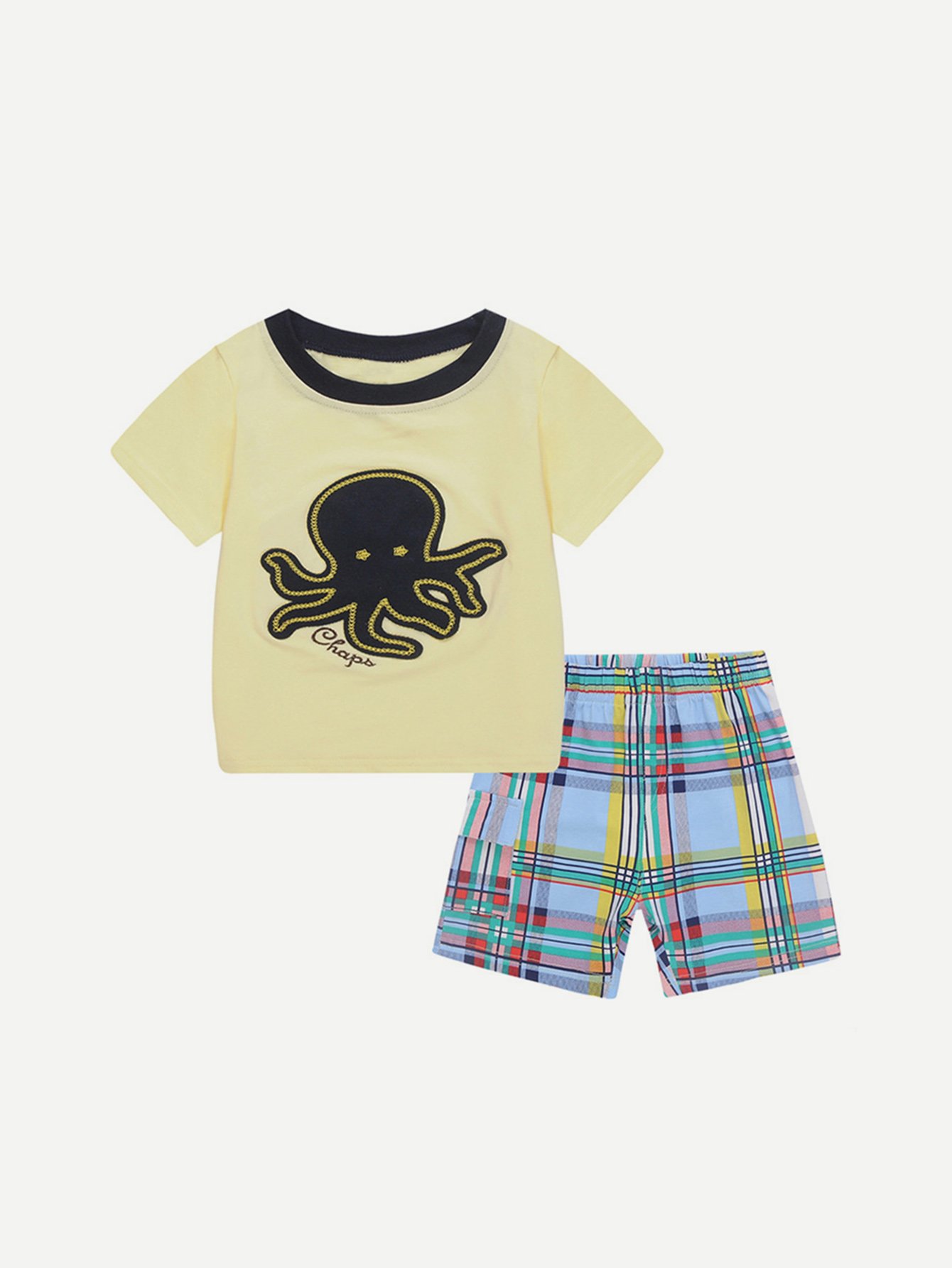 Boys Octopus Patched Tee With Tartan Plaid Shorts