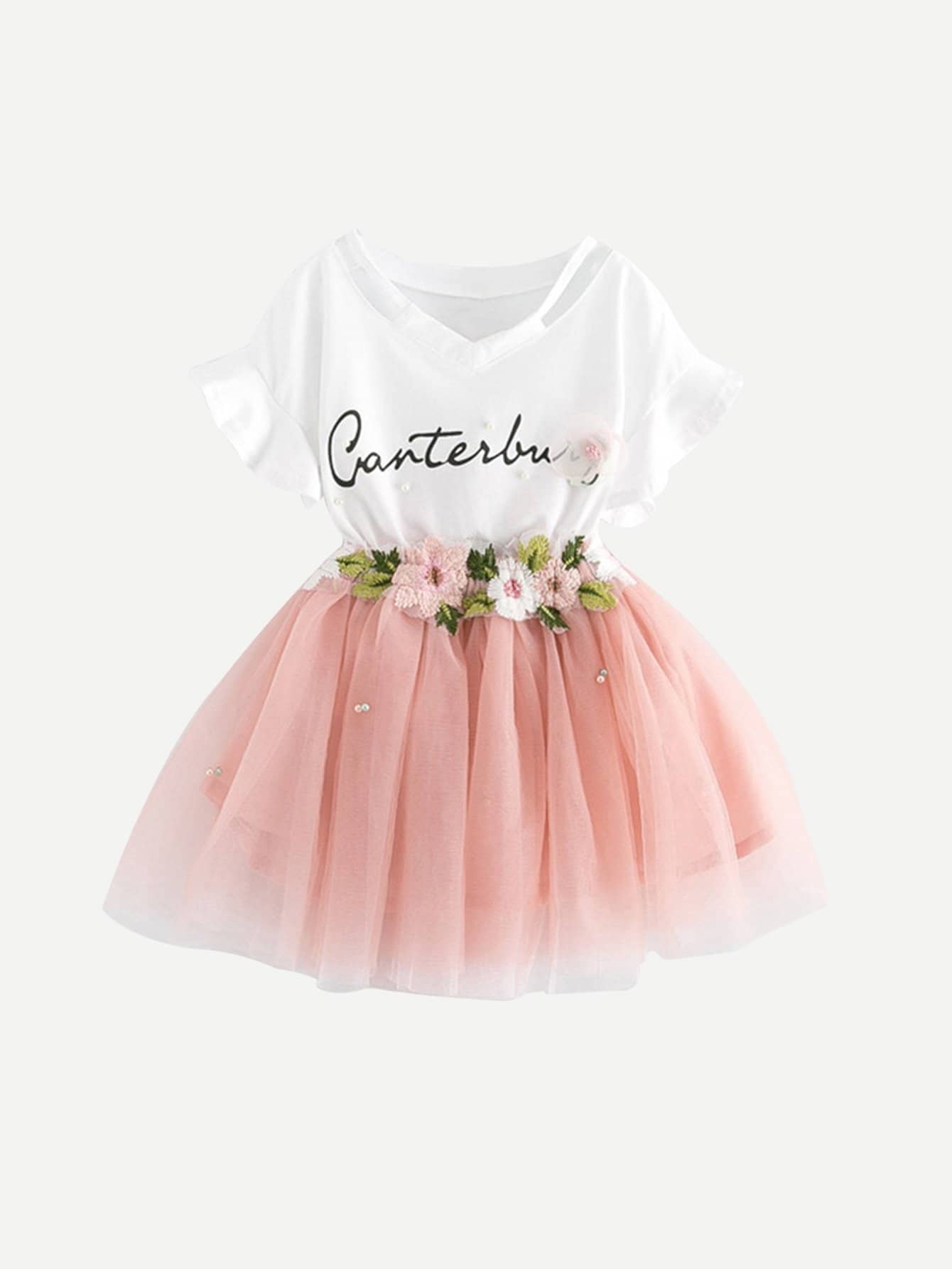 Girls Letter Print Tee With Pearls Decoration Tutu