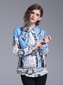 Graphic Print Tie Neck Shirt
