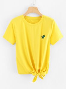 Cactus Embroidered Knot Front Tee