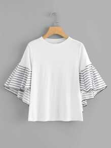 Flare Sleeve Stripe Contrast Tee