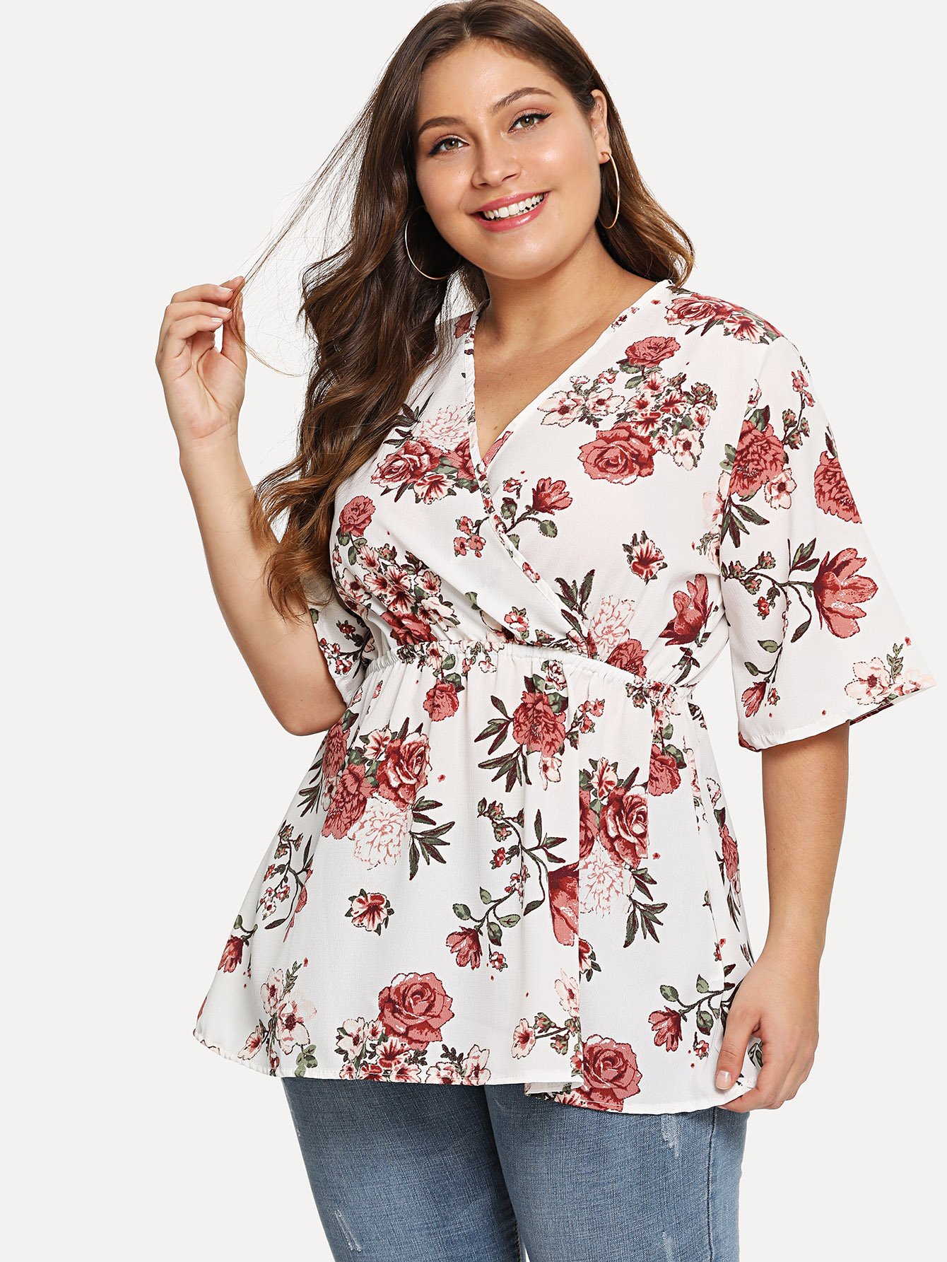 Plus Surplice Neckline Pep Hem Florals Blouse