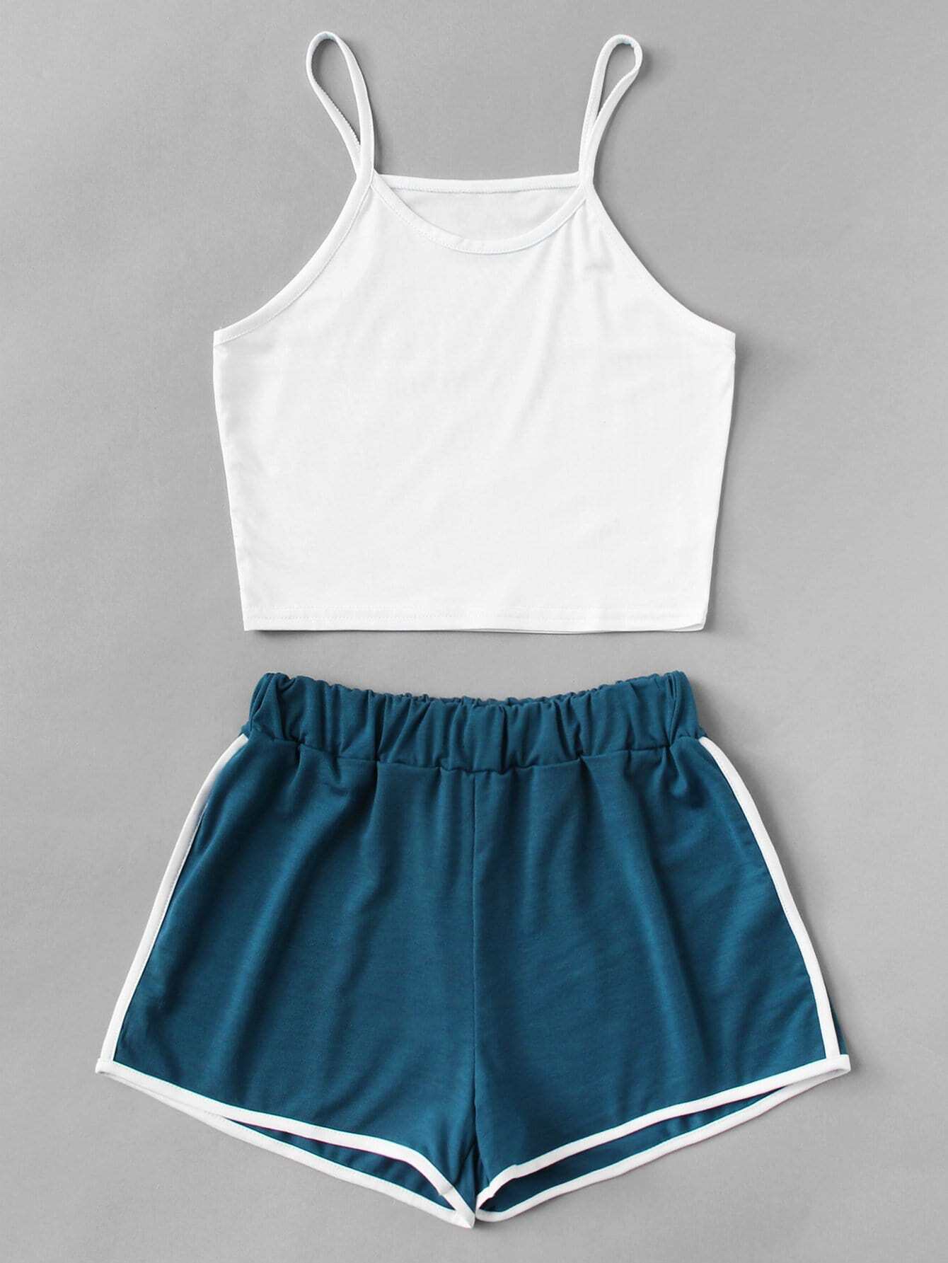 Crop Cami Top With Contrast Trim Shorts SheIn(Sheinside)