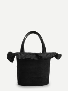 Flounce Trim Straw Bucket Bag