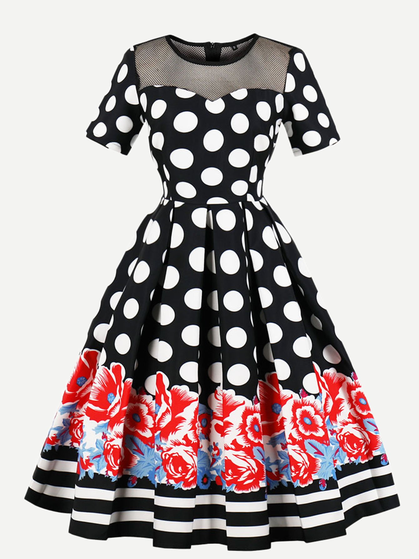 Mesh Panel Floral Print Polka Dot Dress polka dot mesh panel sleeve tee