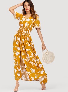 V Neckline Floral Print Split Dress