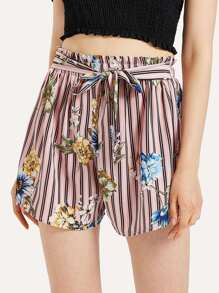 Tie Waist Floral Print Striped Shorts