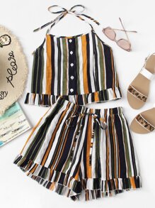 Ruffle Hem Striped Halter Top With Shorts