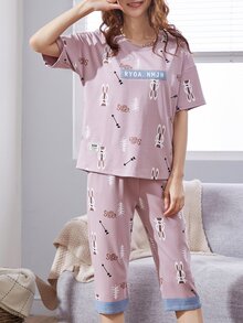 Rabbit & Letter Print Pajama Set