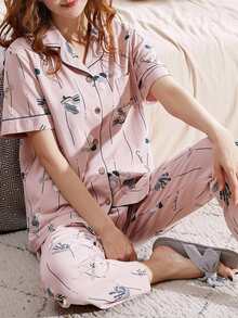 Cactus & Letter Print Striped Pajama Set