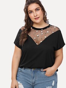 Embroidered Mesh V Neck T-shirt