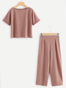 Solid Rolled Cuff Top With Pants