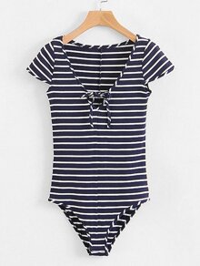 V Neckline Striped Ribbed Bodysuit