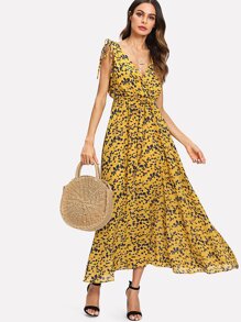 Leaf Print Self Tie Drawstring Dress