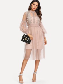 Lace Crochet Contrast Mesh Dress With Cami Dress