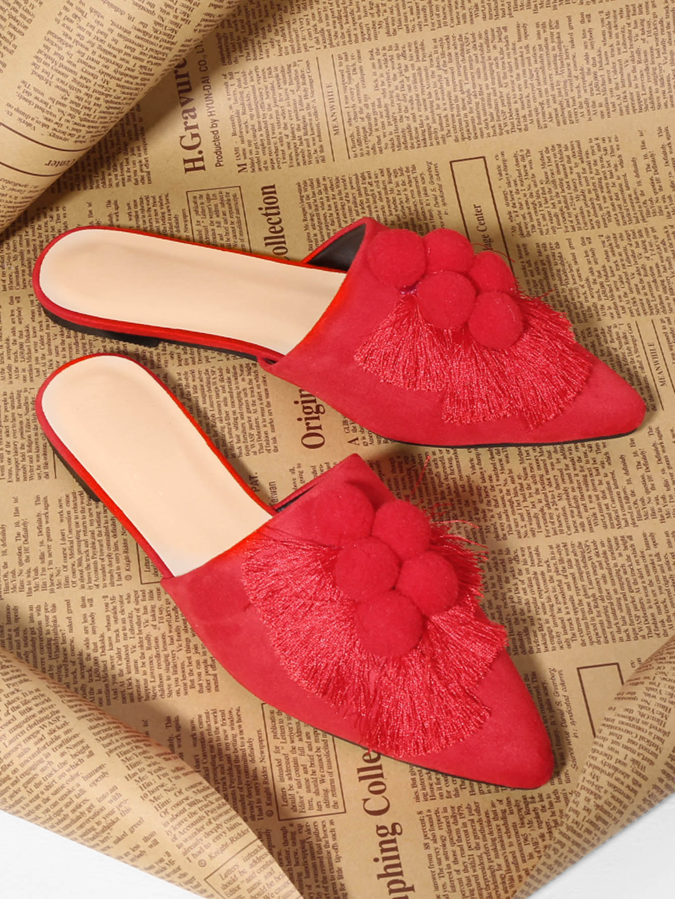 Pom Pom & Tassel Front Flat Mules pom pom tassel ethnic pendant earrings