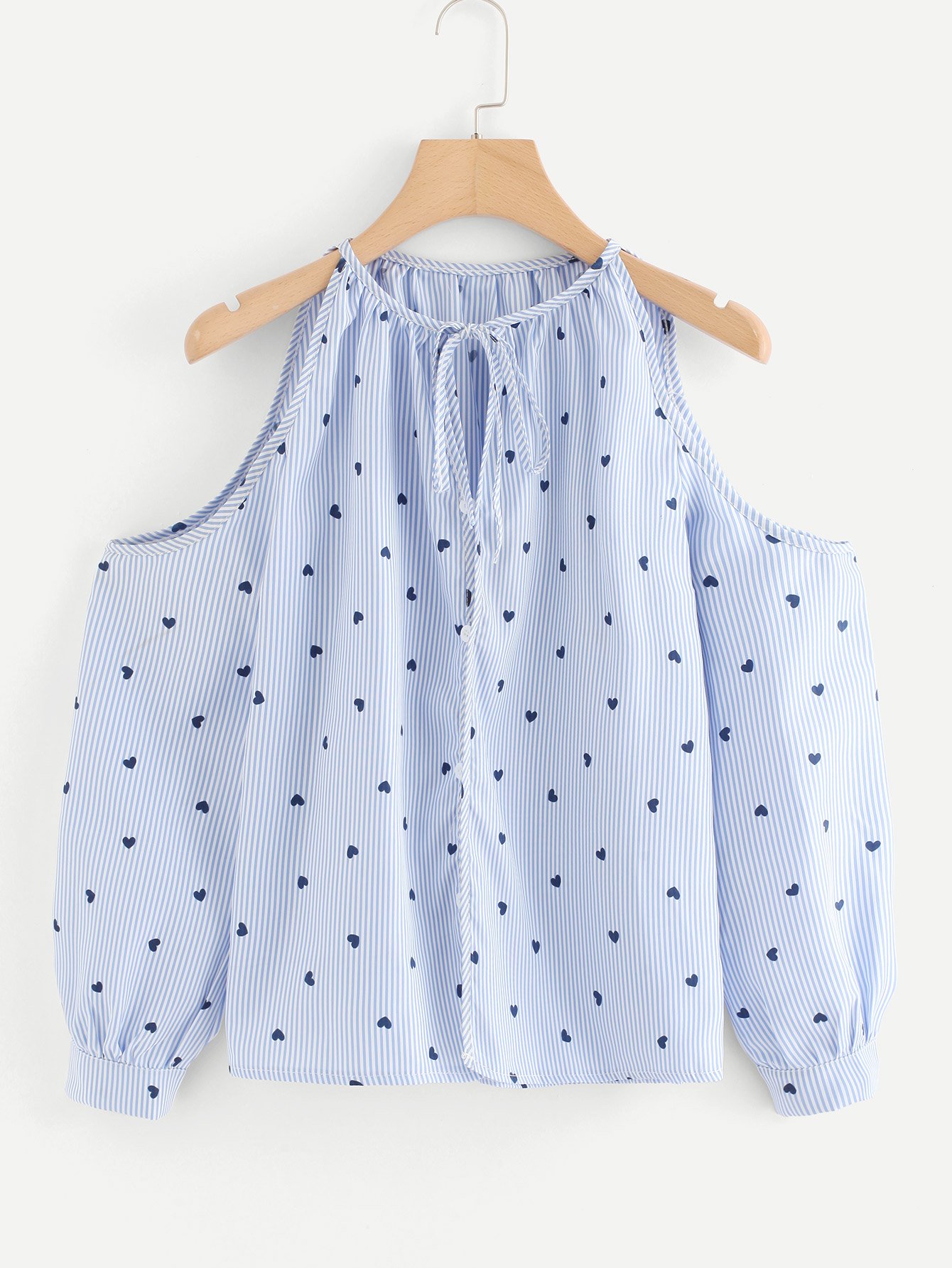 Vertical Pinstripe Cold Shoulder Tie Neck Top