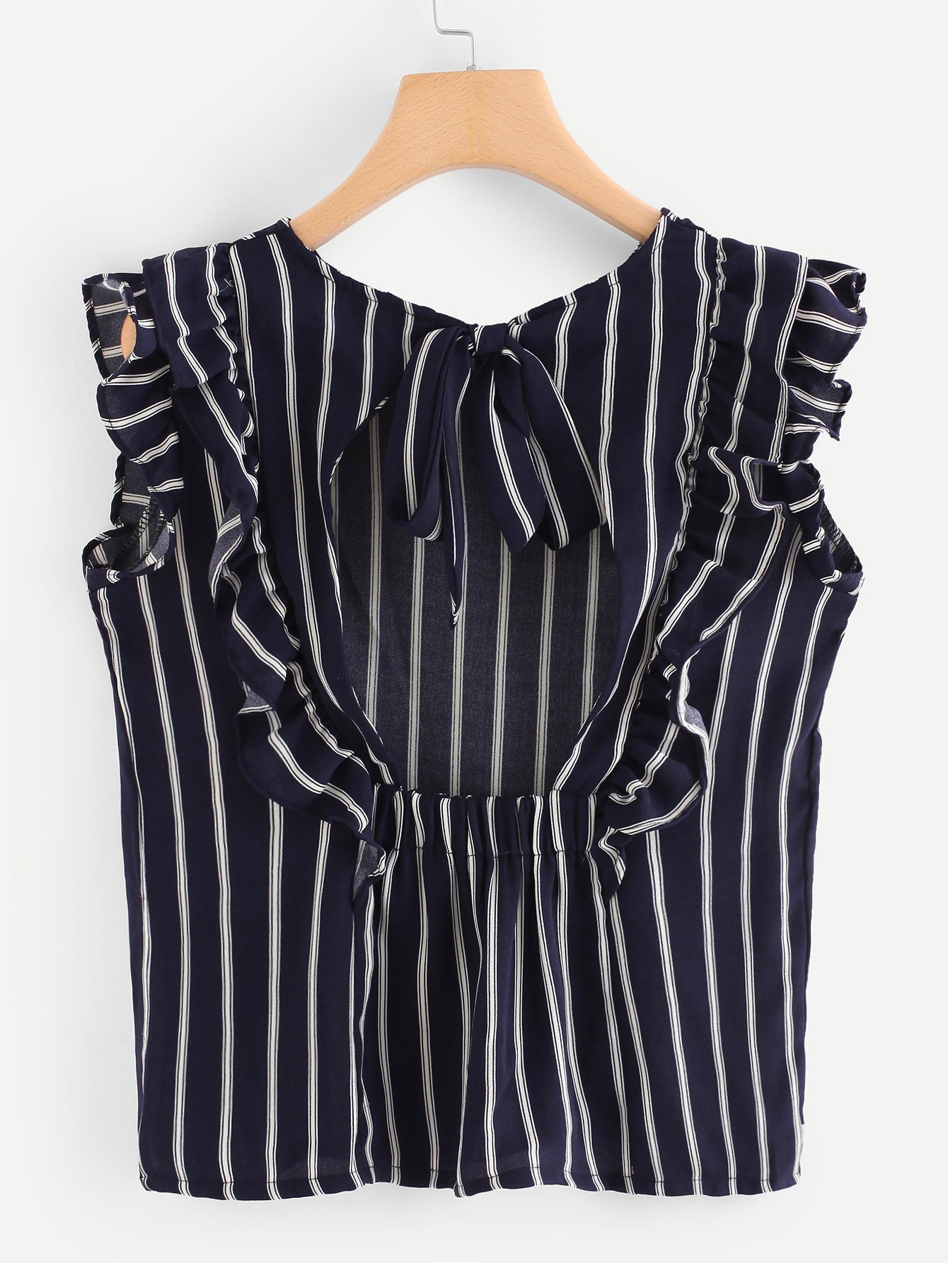 Frill Trim Open Back Bow Tie Detail Striped Top