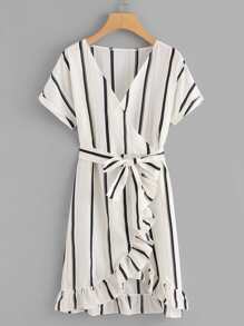 Ruffle Trim Striped Self Tie Waist Dress