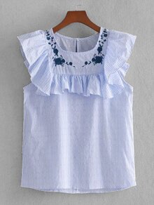 Ruffle Trim Embroidered Pinstriped Blouse