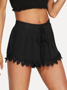 Drawstring Waist Lace Hem Shorts