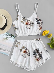 Floral Print Crop Cami Top With Shorts