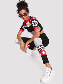 Contrast Striped Letter Print Crop Top With Pants