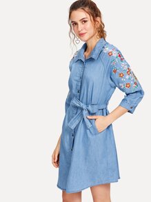 Flower Embroidered Tie Waist Denim Dress