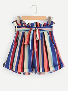 Striped Frill Trim Belted Shorts