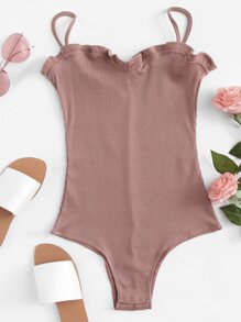 Ruffle Trim Rib Knit Strapless Bodysuit