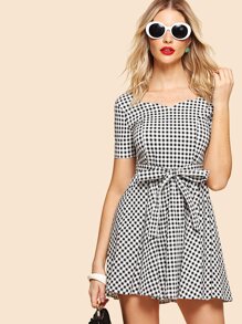 Sweetheart Tie Back Gingham Fit & Flare Dress