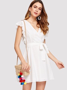 Ruffle Trim Eyelet Embroidered Wrap Dress