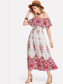 Tribal Print Flounce Bardot Dress