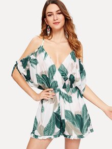 Frilled Cold Shoulder Palm Leaf Romper