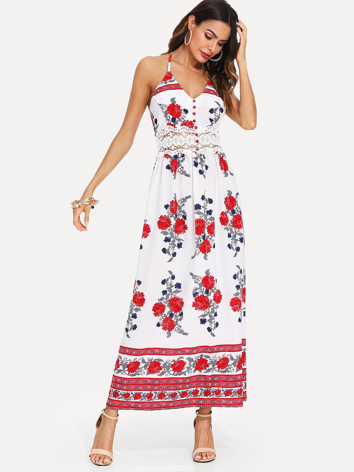 Guipure Lace Insert Tribal Print Halter Dress