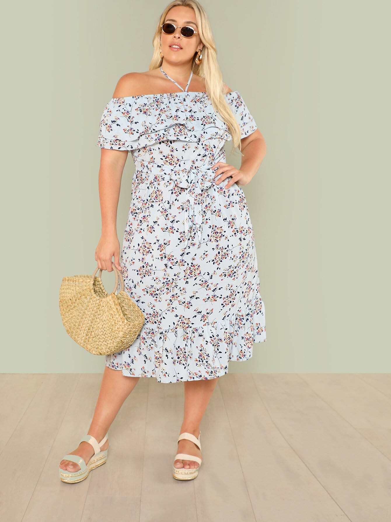 Flounce Layered Neck Calico Print Dress calico print layered butterfly sleeve blouse