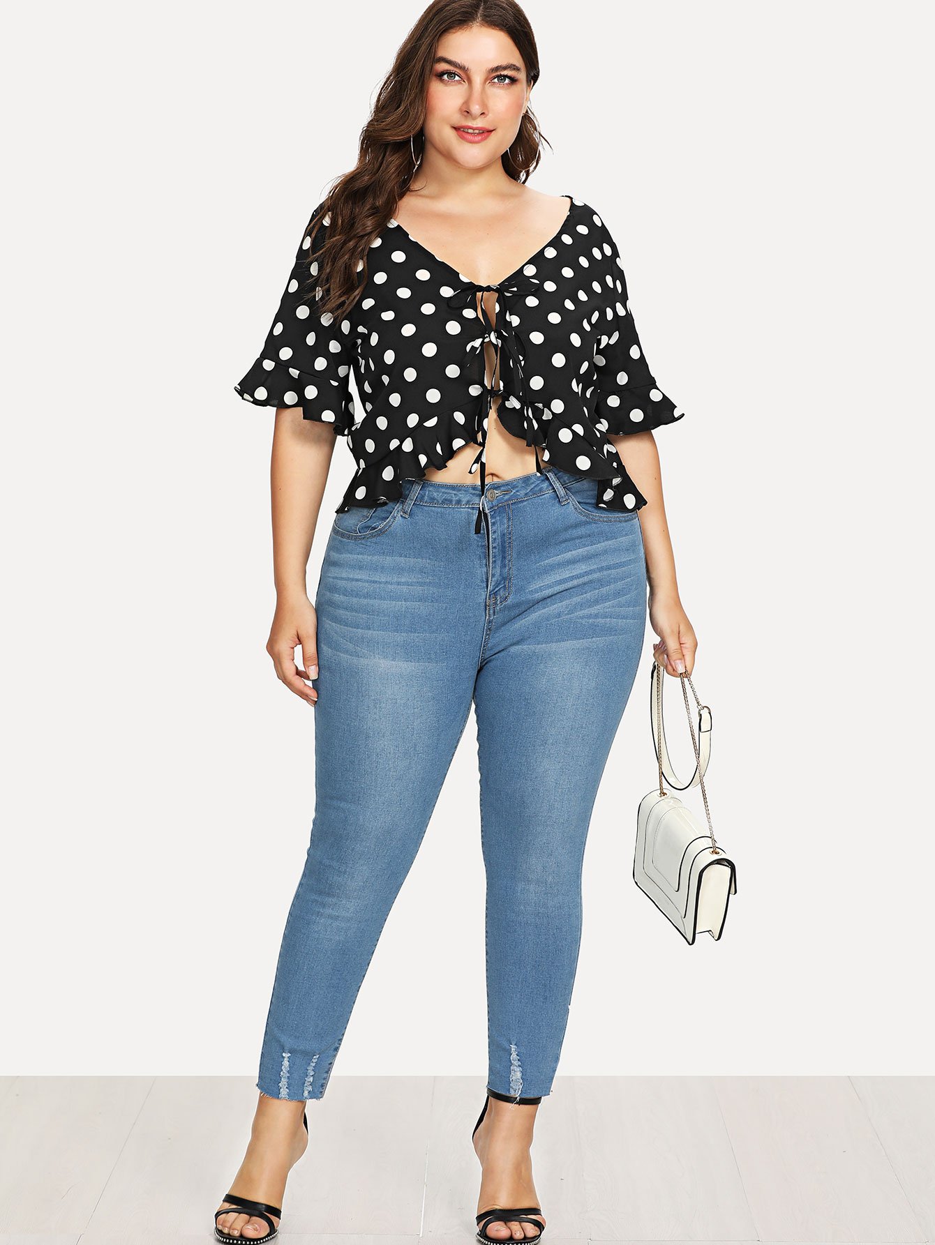 Plus Knot Front Polka Dot Ruffle Hem Blouse