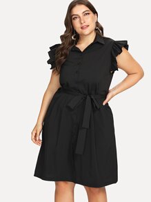 Self Tie Waist Ruffle Sleeve Shirt Dress