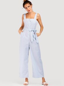 Striped Belted Wide Leg Jumpsuit