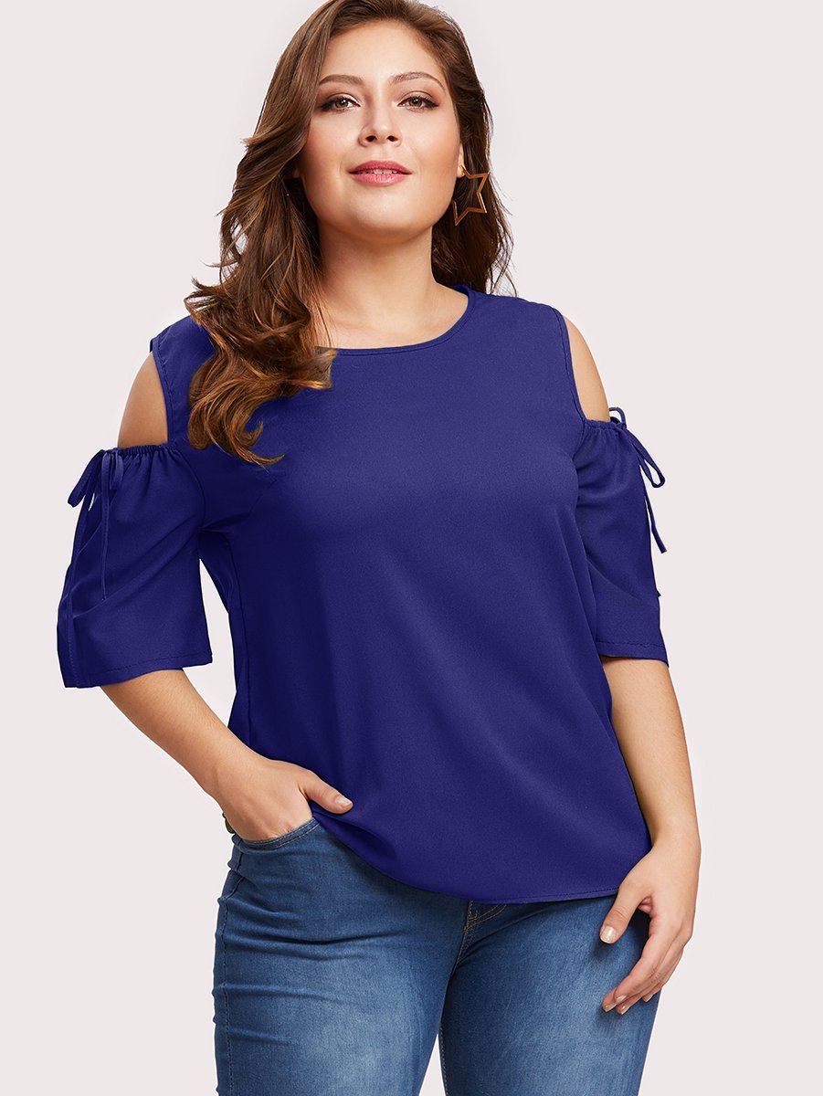 Plus Cold Shoulder Drawstring Sleeve Keyhole Back Top