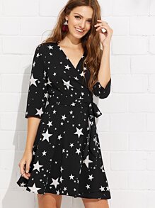 Star Print Belted Wrap Dress
